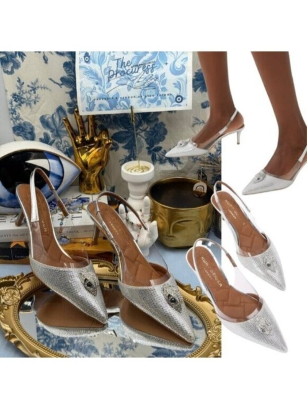 🆕 KURT GEIGER LONDON 🧿 NWOB Belgravia Vinyl 65 Slingback Heels, Silver, Sz 7.5